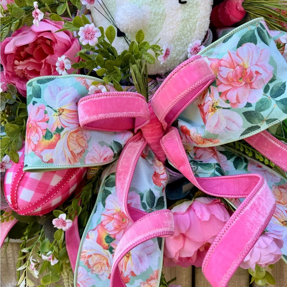 Floral Easter Bunny Wreath with Pink Accents